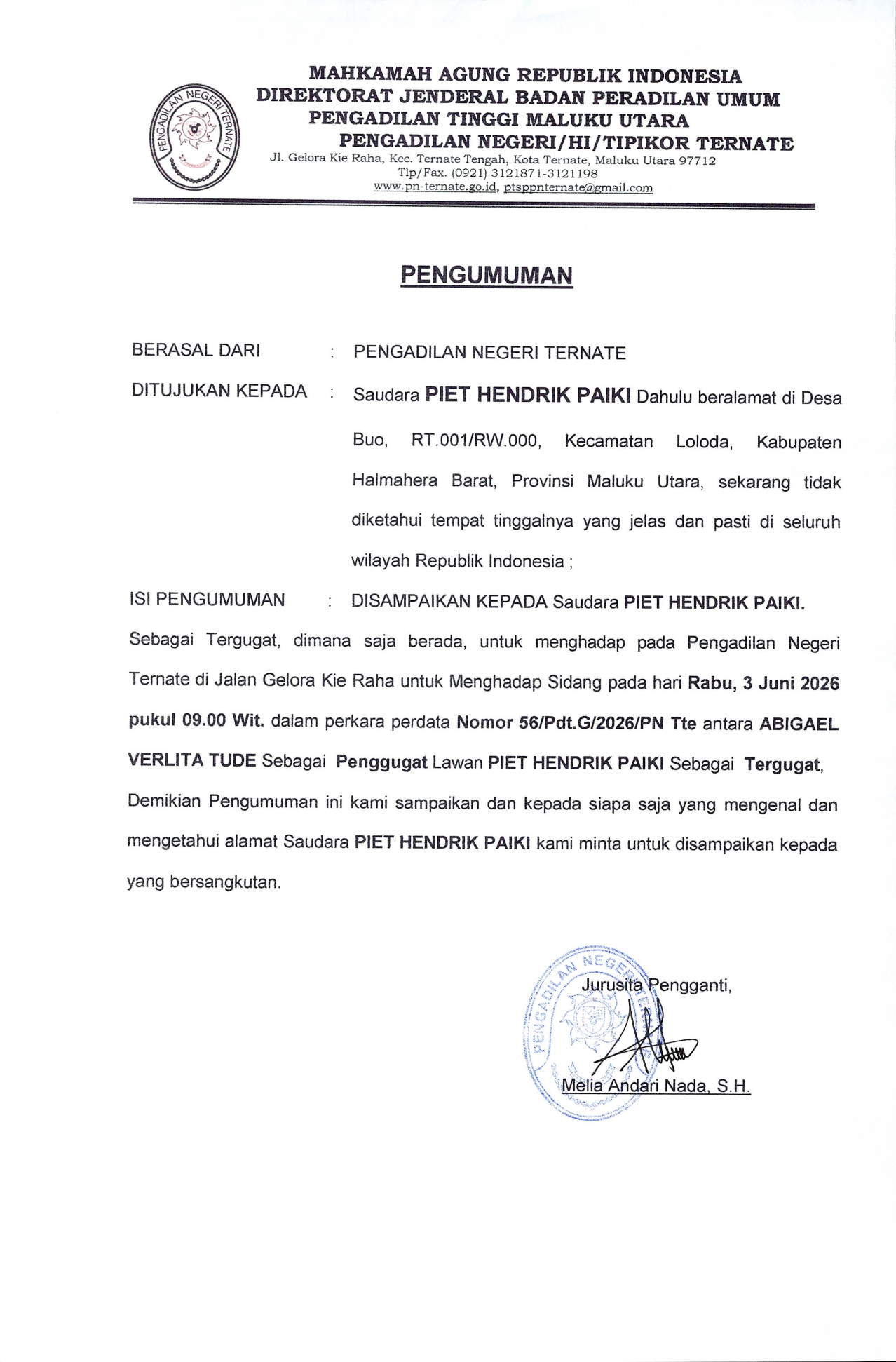 RELAAS PANGGILAN KEPADA TERGUGAT PERKARA NOMOR: 56/Pdt.G/2026/PN Tte
